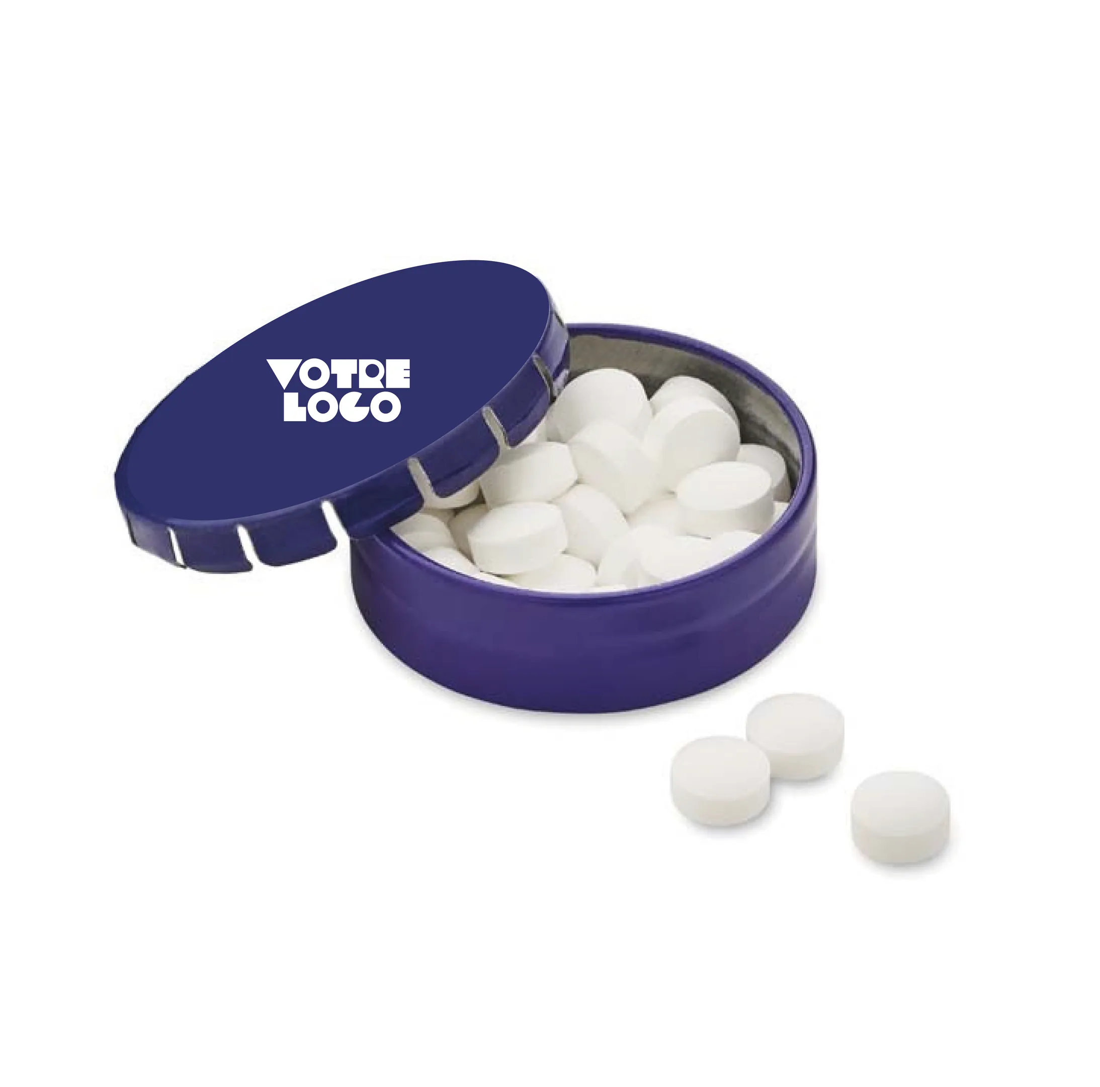 boite-ronde-pastille-saveur-menthe-personnalisable.webp Boîte ronde à pastilles à la menthe/bonbons personnalisable