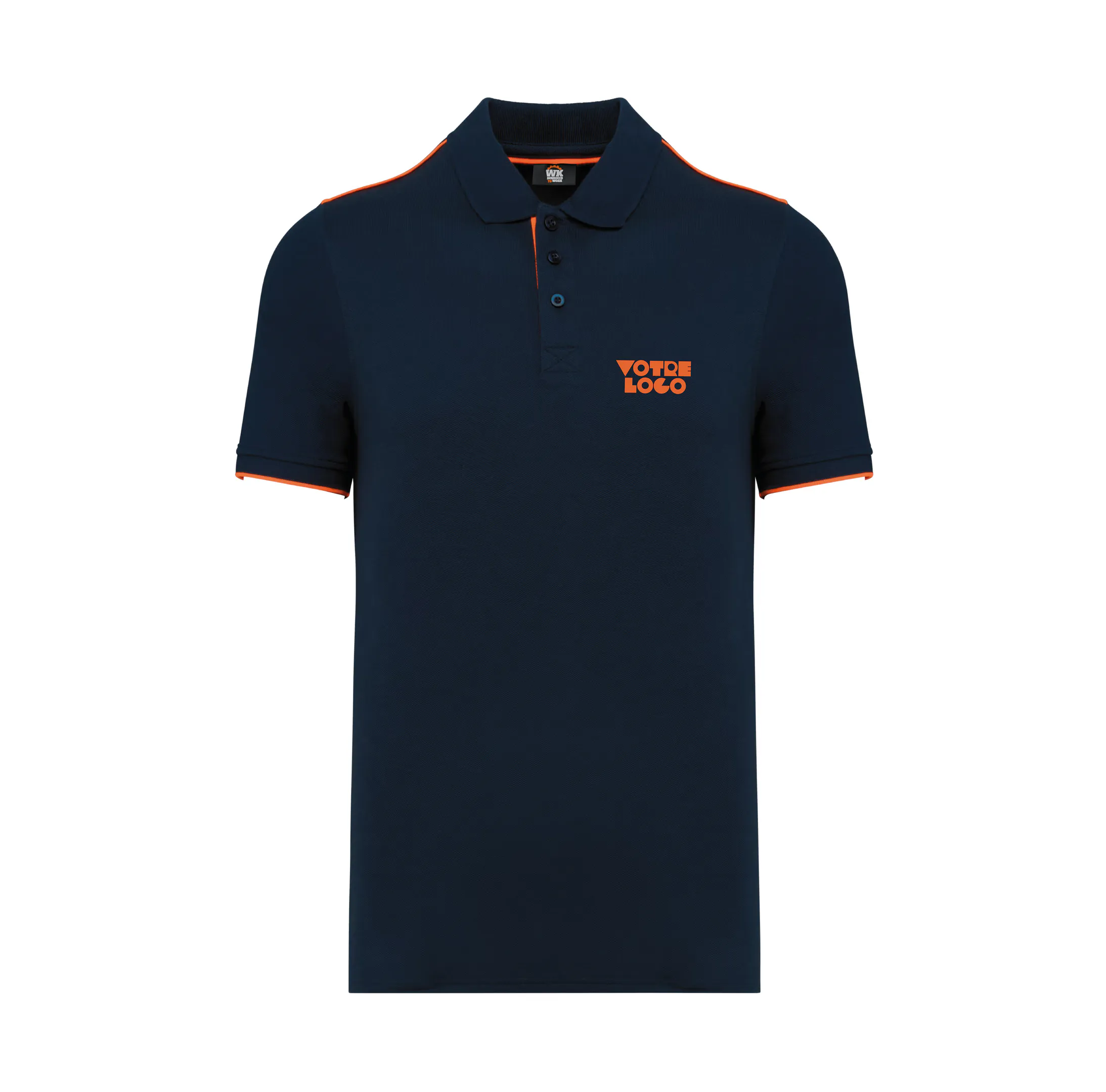 polo-manches-courtes-details-orange-madeinfrance-homme-bleu-fonce-personnalisable.webp Polo contrasté manches courtes homme personnalisable