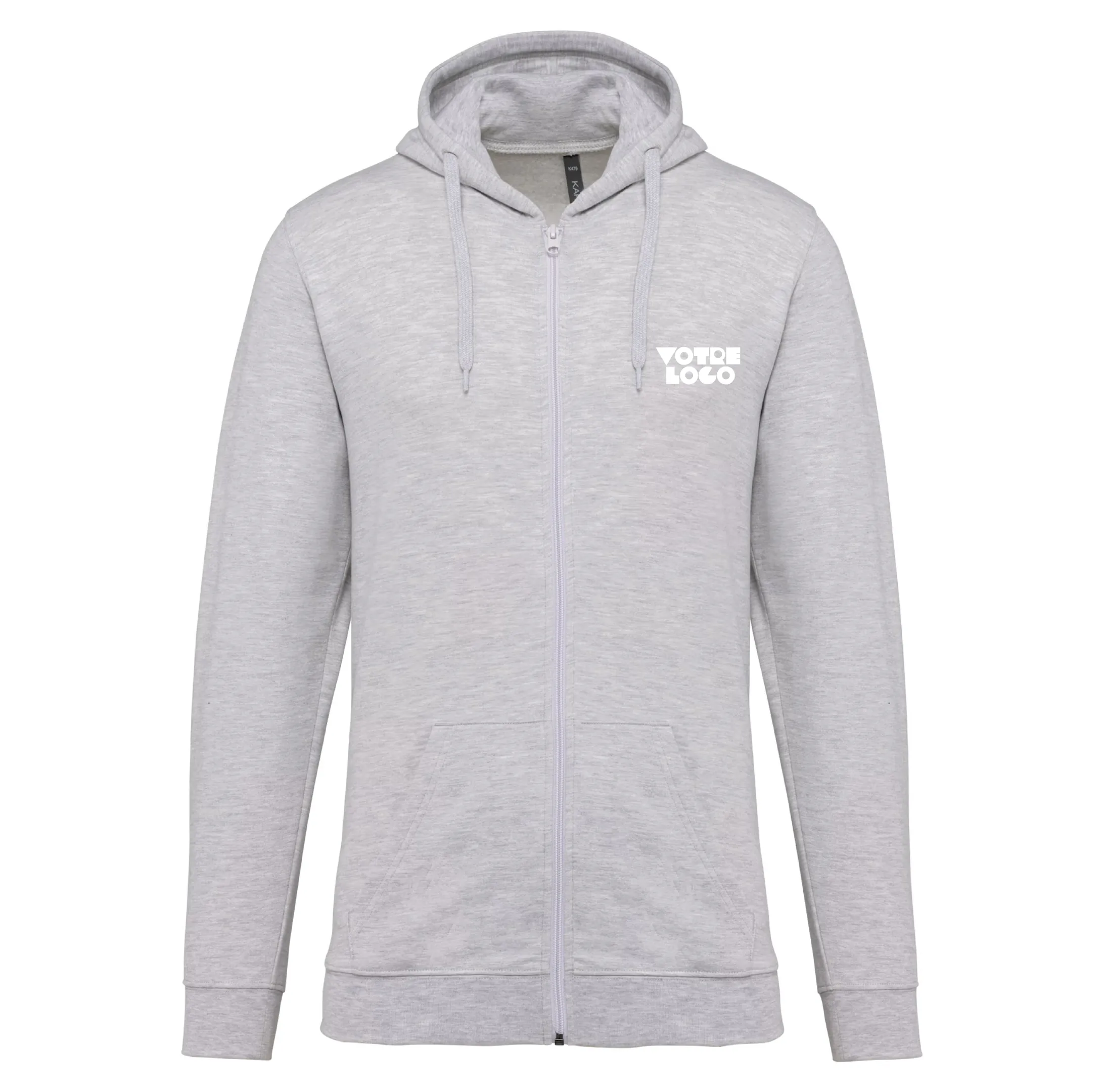 r0004-ash-heather Sweat-shirt zippé capuche unisexe 280 g/m² personnalisable