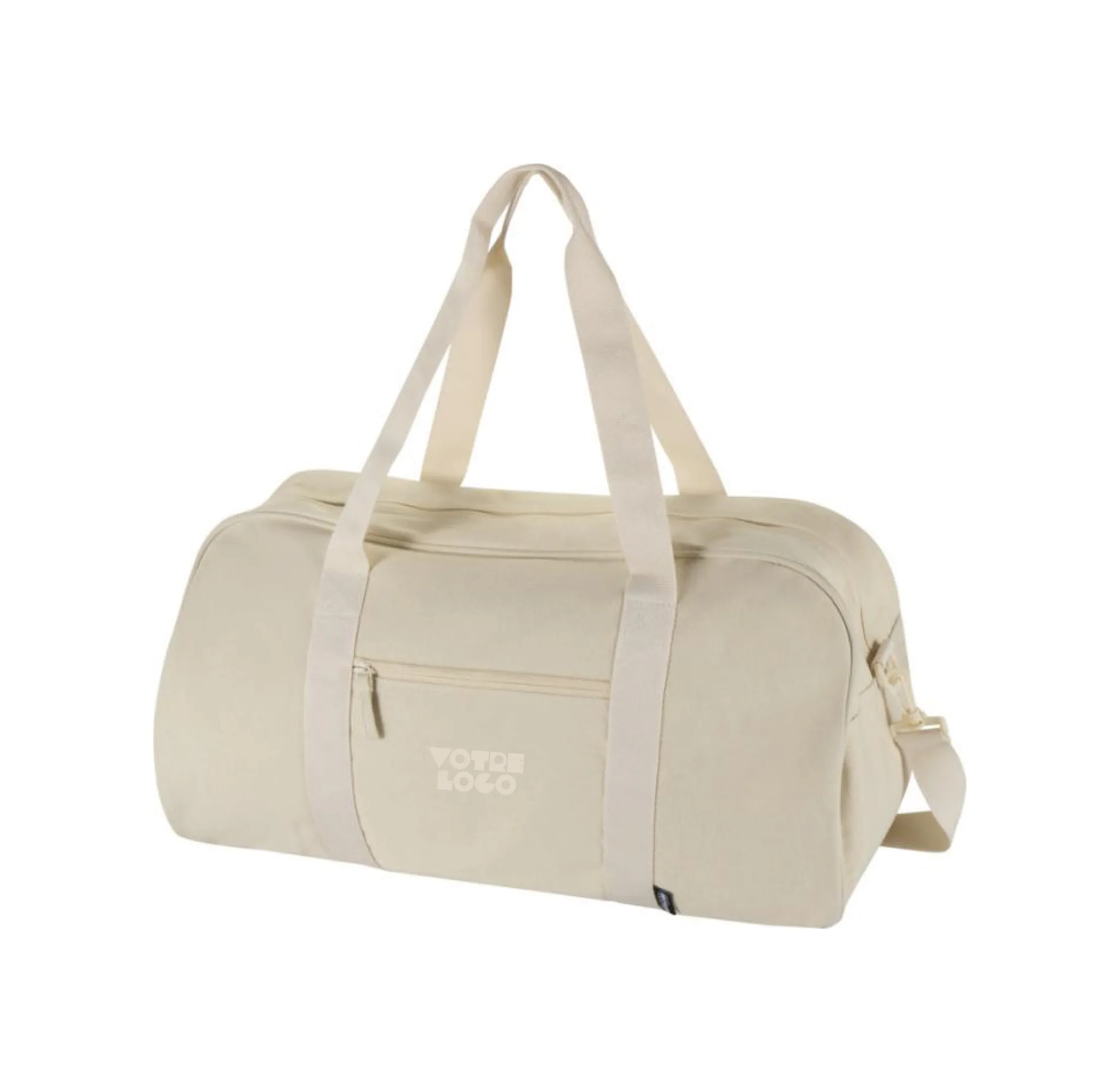 sac-voyage-recycle-beige-personnalisable.webp Sac de voyage Recanvas recyclé et certifié GRS de 40 L personnalisable