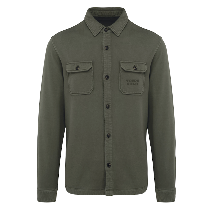 surchemise-homme-coton-délavée-écoresponsable-manches-longues-personnalisable-kaki Surchemise écoresponsable délavée en molleton gratté homme 300 g/m² personnalisable