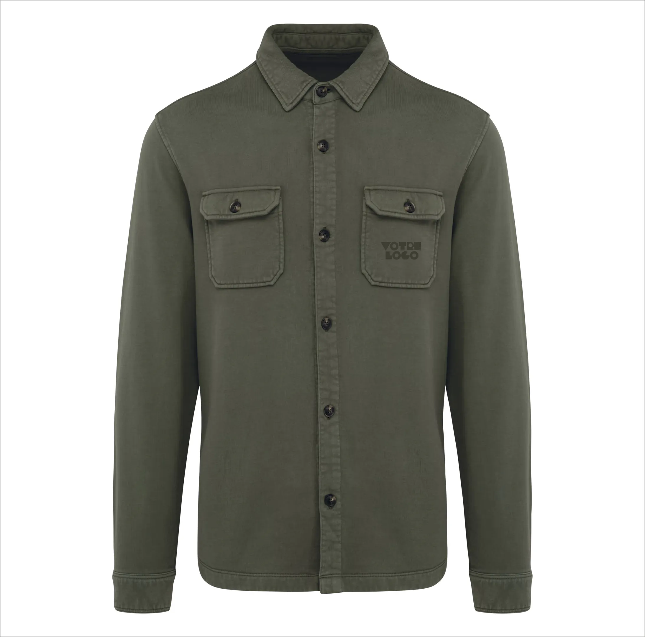 surchemise-homme-coton-delavee-ecoresponsable-manches-longues-personnalisable-kaki.webp Surchemise écoresponsable délavée en molleton gratté homme 300 g/m² personnalisable