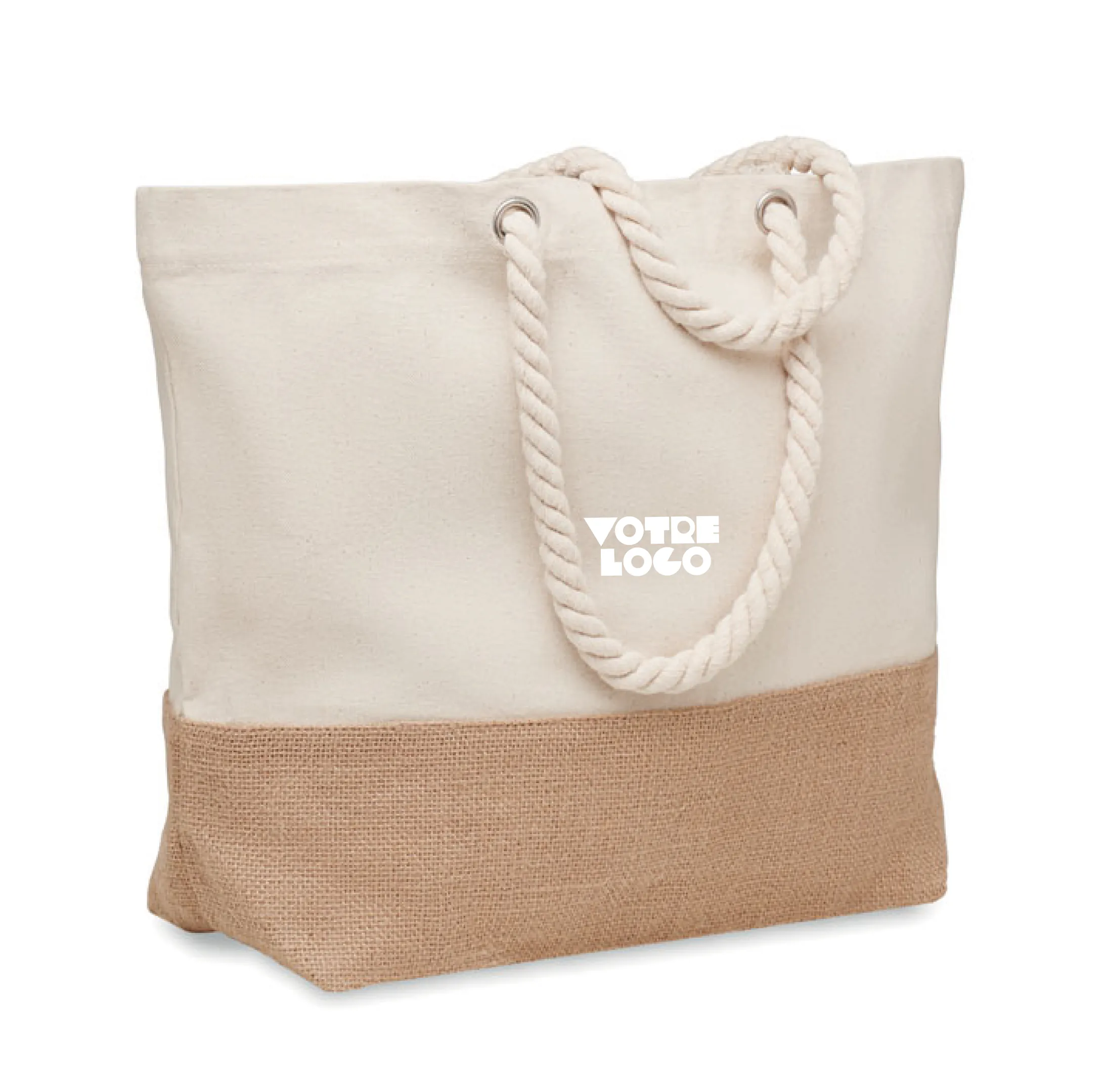tote-bag-toile-corde-jute-personnalisable.webp Tote-bag en toile avec poignée en corde et détails en jute 280 gr/m² personnalisable