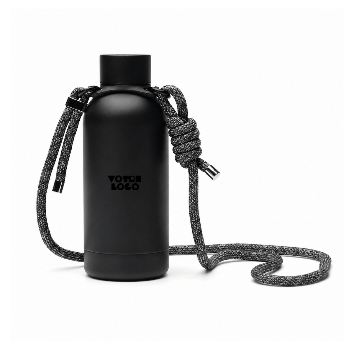 Gourde-acier-inoxydable-noire-personnalisable Gourde isotherme 400 ml avec cordon personnalisable